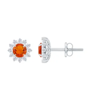 1 CT Classic Fire Opal Stud Earrings with Diamond Halo