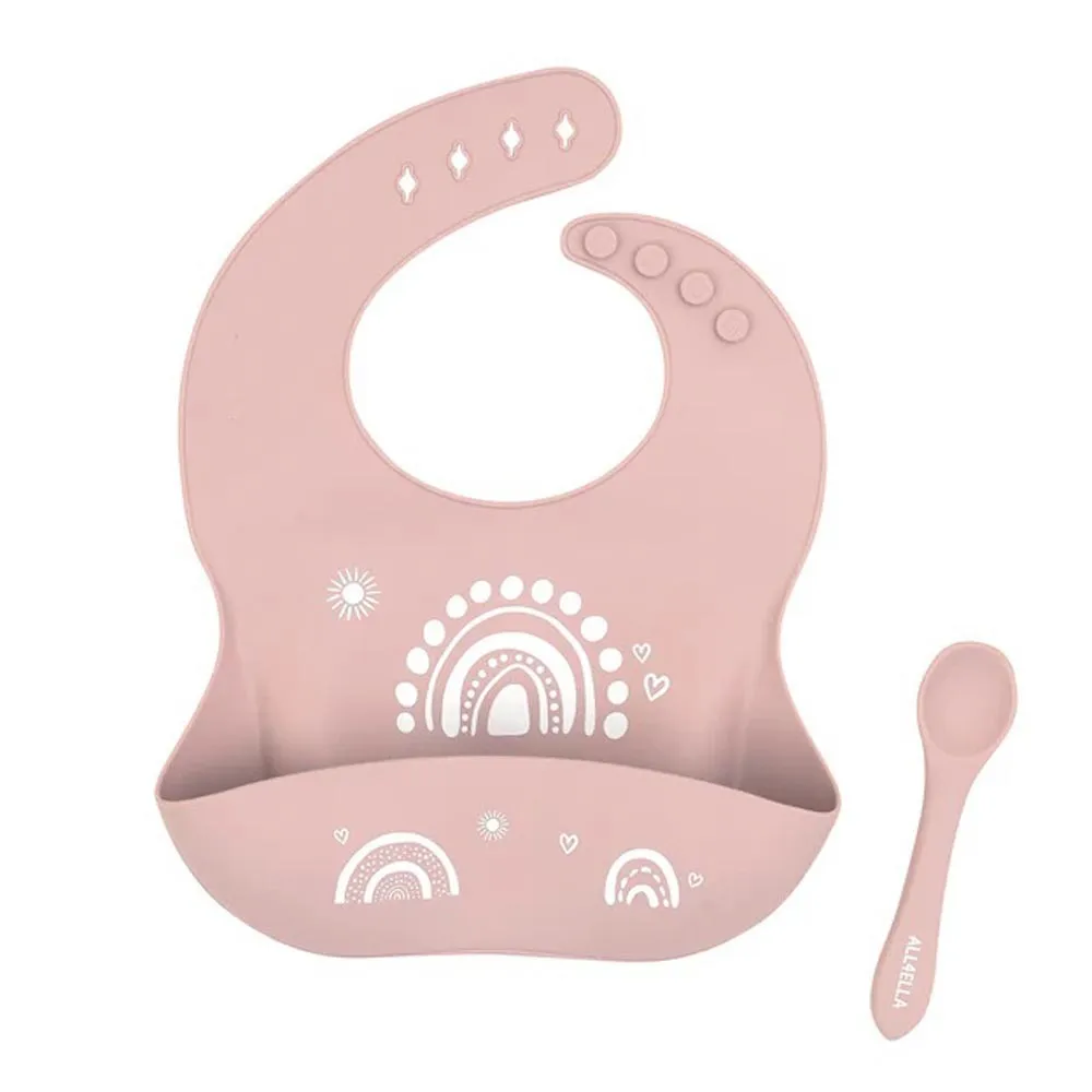 All4Ella Silicone Bib With Spoon Rainbow Dusty Pink