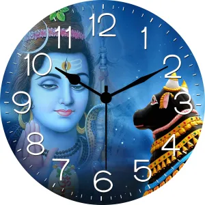 Kartik™ Shiva Printed Designer Wooden Wall Clock Without Glass for Home/Living Room/Bedroom/Kitchen and Office (Multicolour, 11X11 Inches)