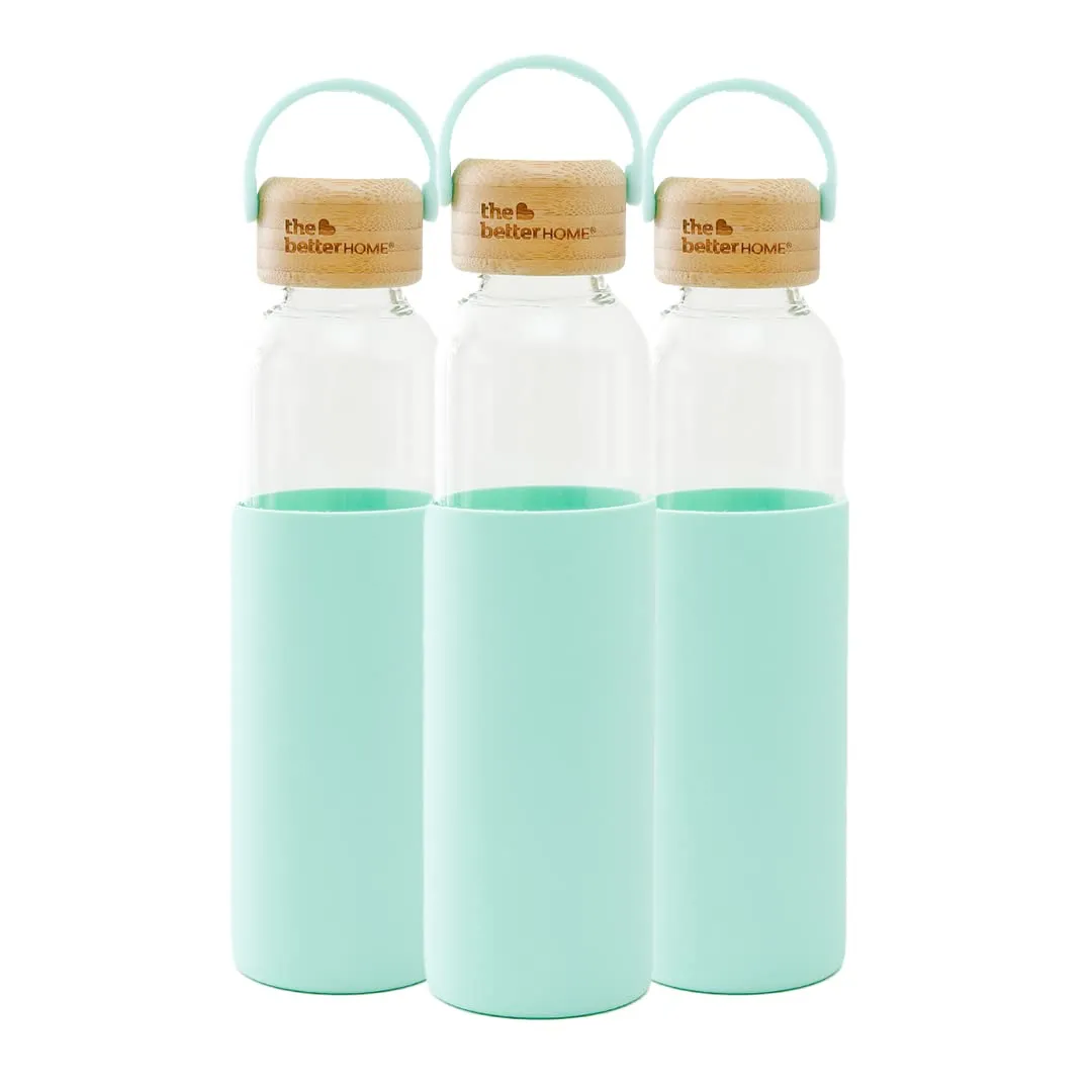 The Better Home Borosilicate Glass Water Bottle with Sleeve (500ml) | Non Slip Silicon Sleeve & Bamboo Lid | Fridge Water Bottles for Men, Women & Kids | Water Bottles for Fridge | Green (Pack of 3)