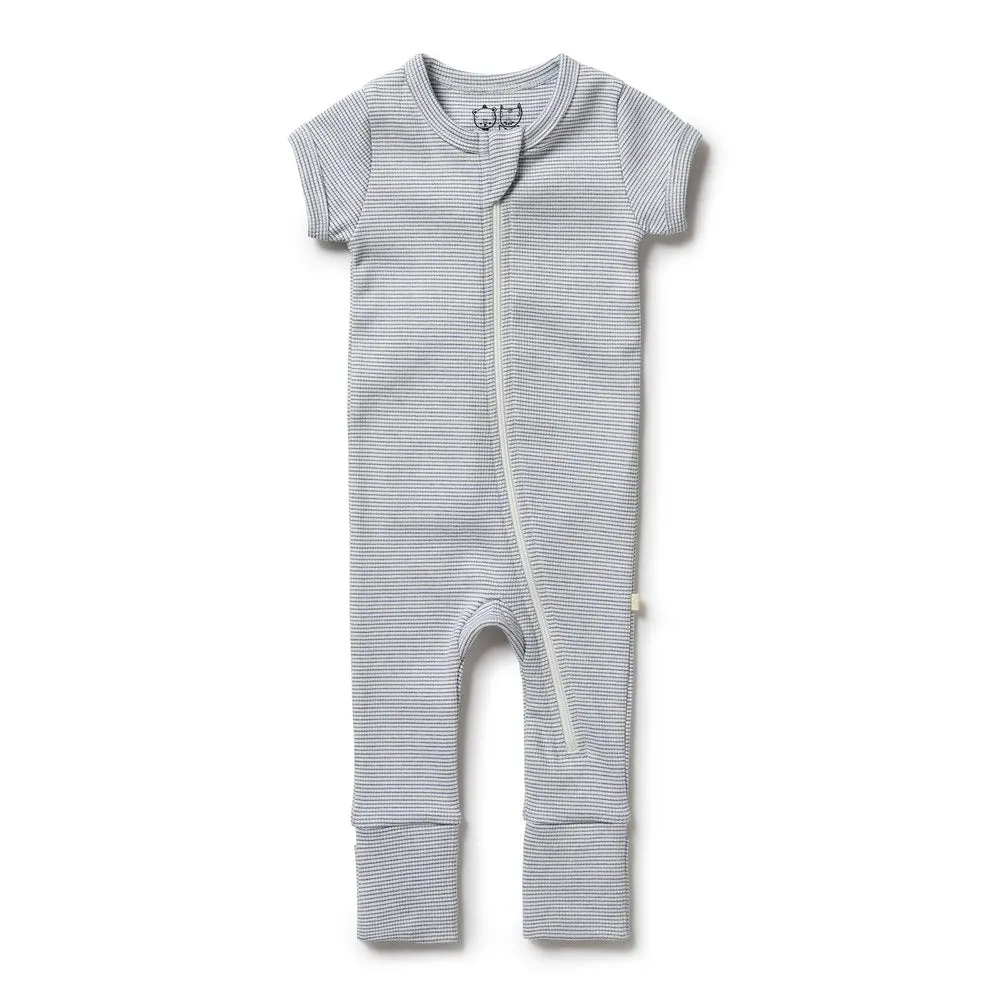 Wilson Frenchy Organic Cotton Striped Short Sleeve Zipsuit - Rain Drop (12-18 Months, 10-12 Kg)